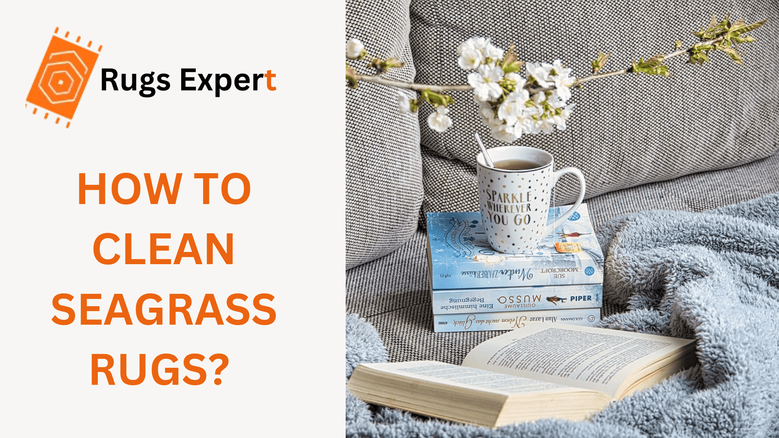 cup and book on the carpet with pillows and also contains text which is how to clean seagrass rugs