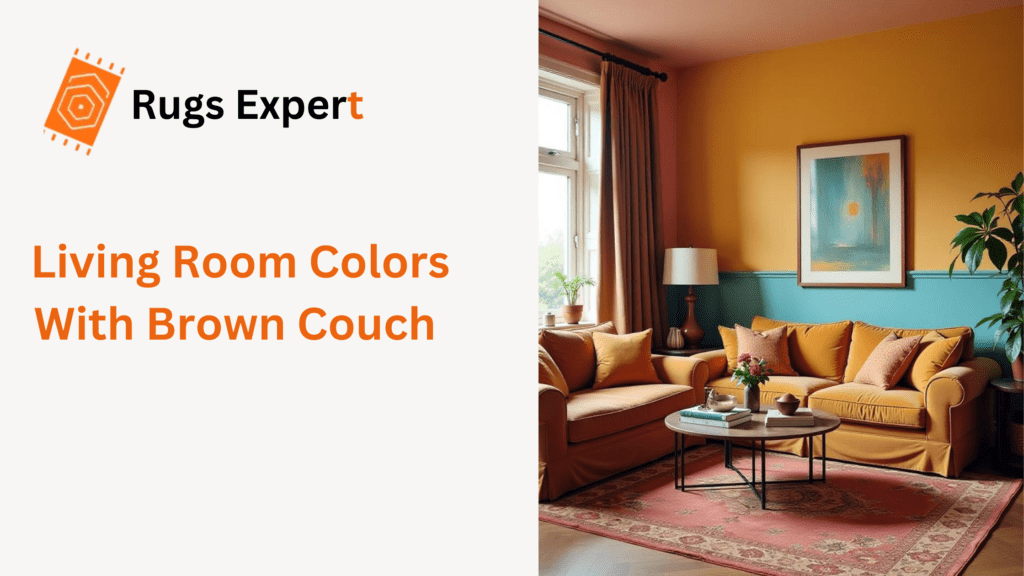 image containing text "Living Room Colors With Brown Couch" and a living room with beautiful rugs, brown couches and colorful wall