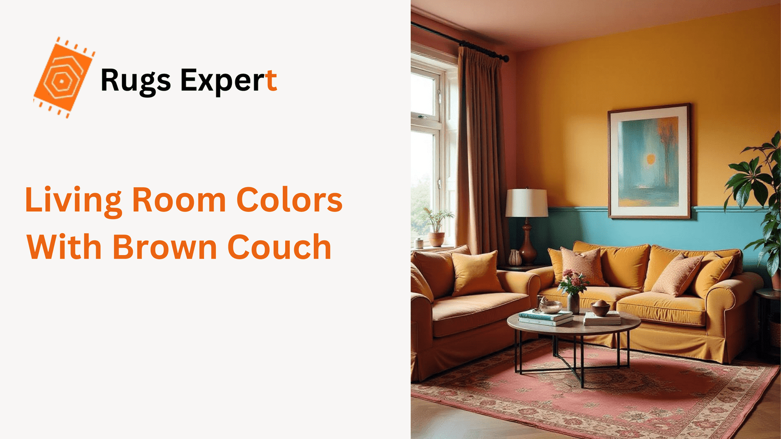 image containing text "Living Room Colors With Brown Couch" and a living room with beautiful rugs, brown couches and colorful wall