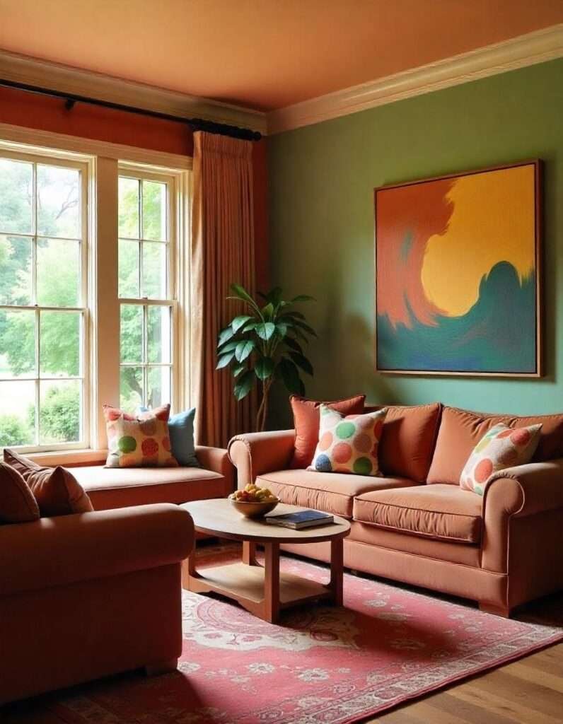colorful painted walls of living room with brown couches