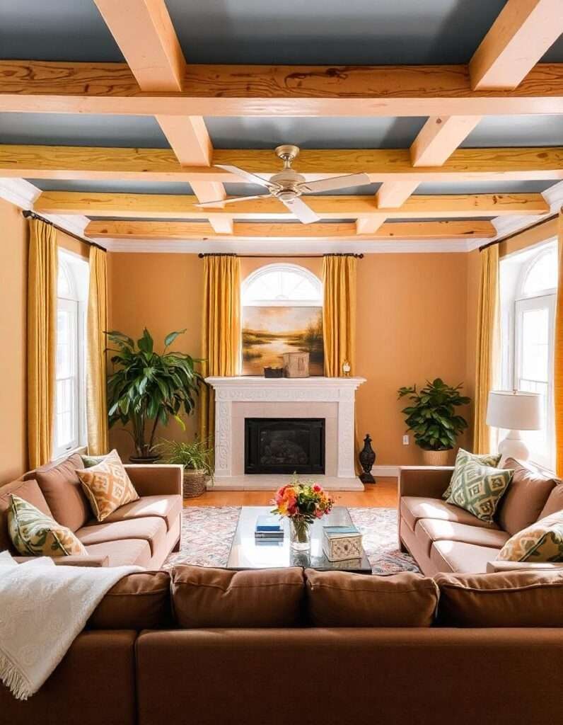 colorful living room with brown couches