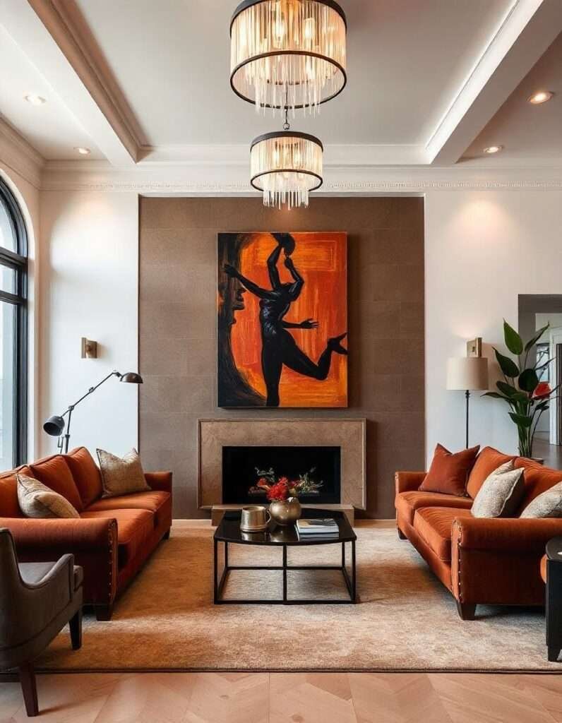 lighted artistic living room with brown couches