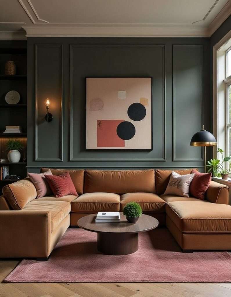 artistic living room with brown couches