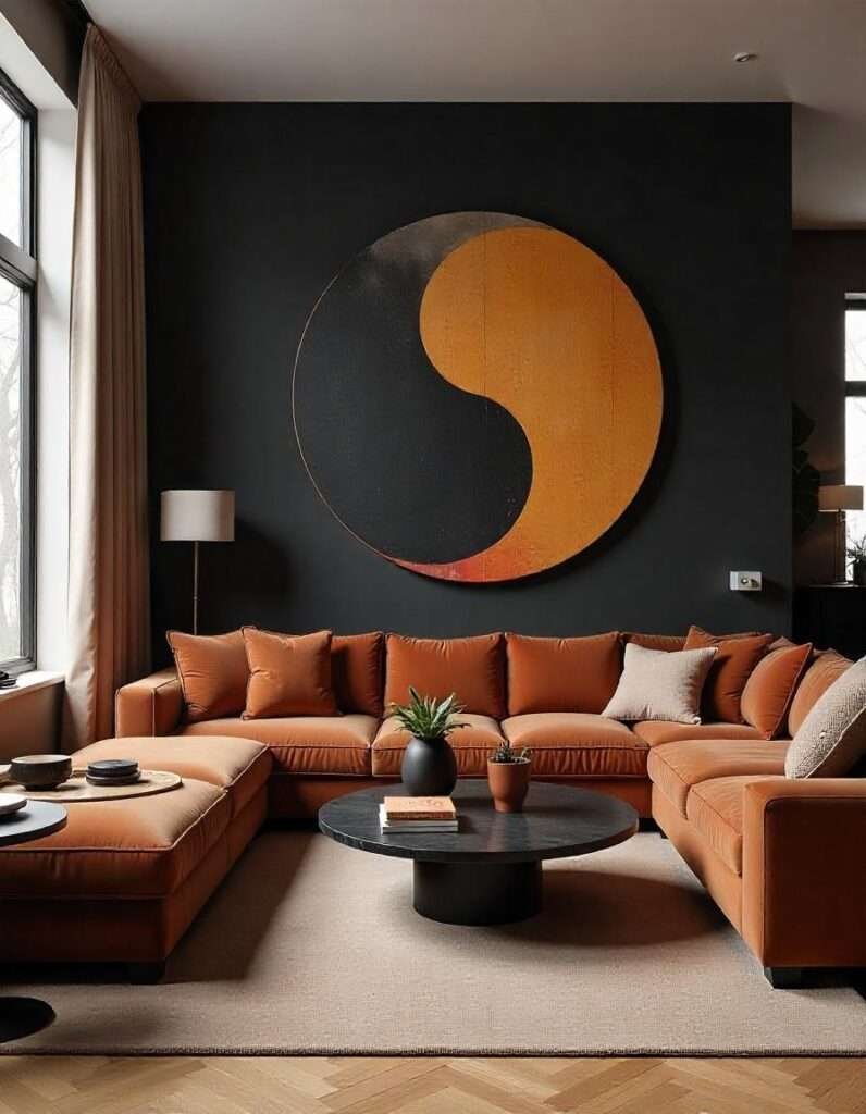bold and artistic living room with brown couches