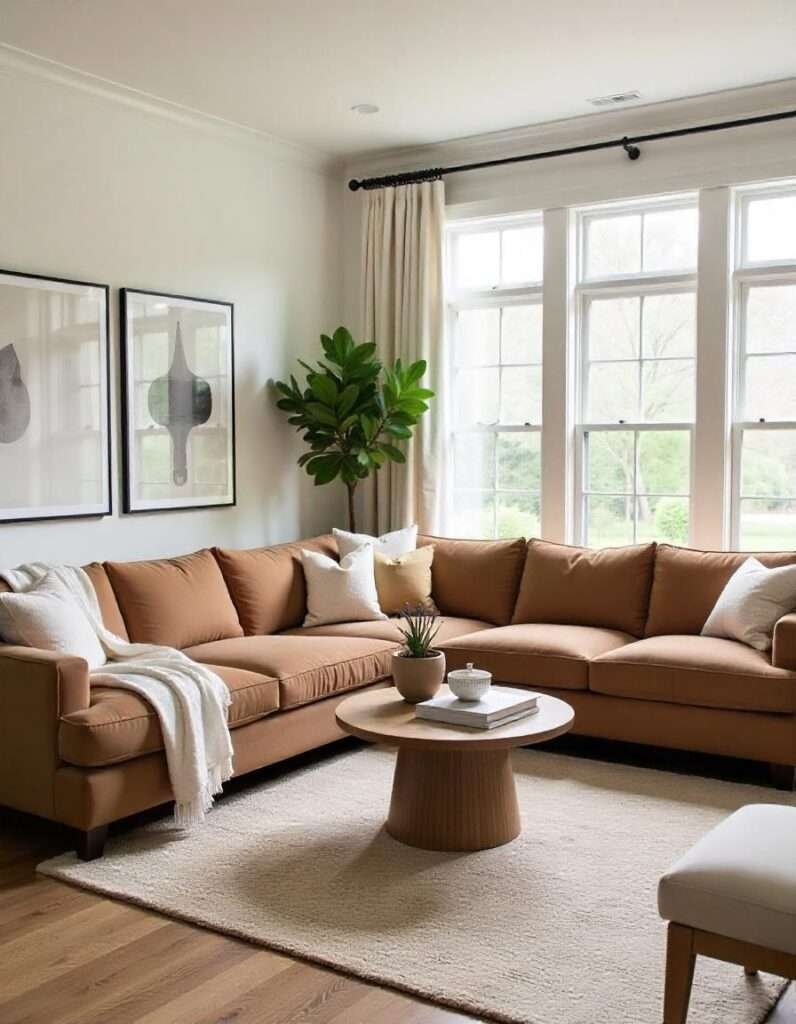 off-white painted living room with brown couches