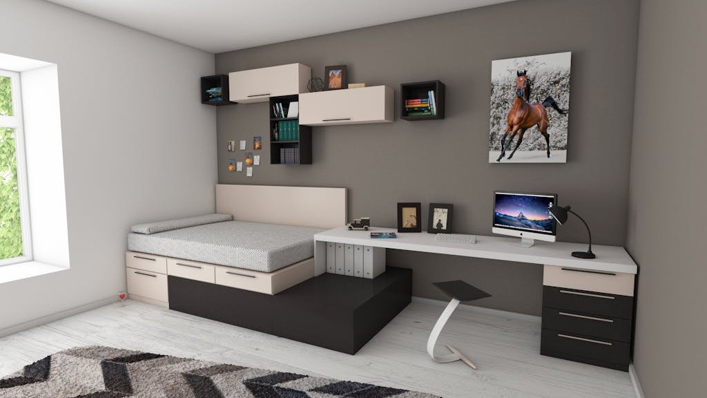 White and Black Desk and wool rug Beside Bed and Window