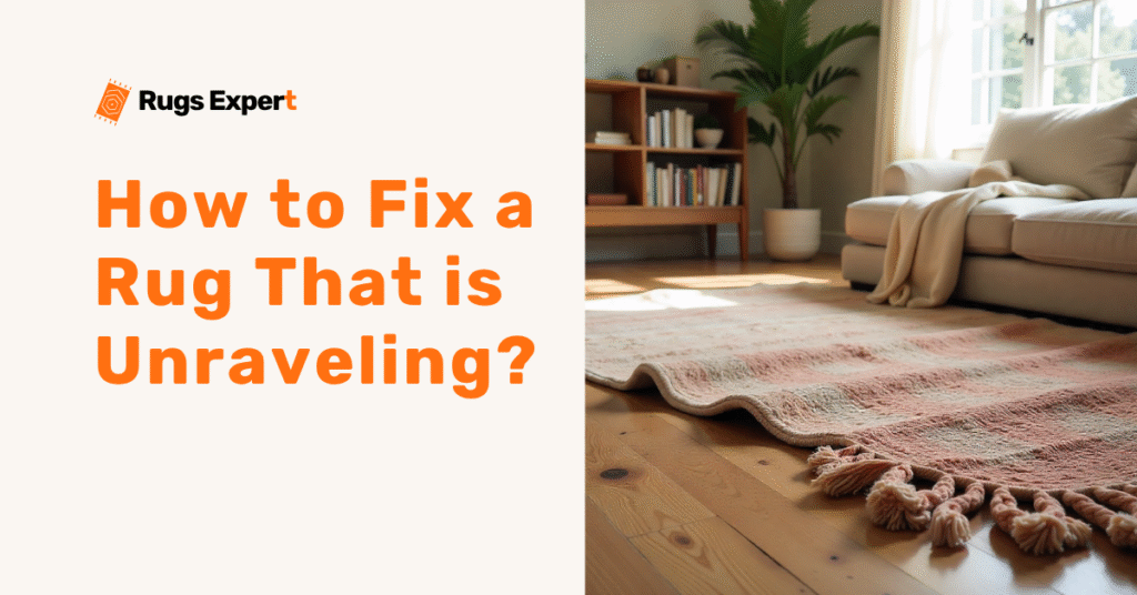 Text "how to fix a rug that is unraveling" and a nice living room