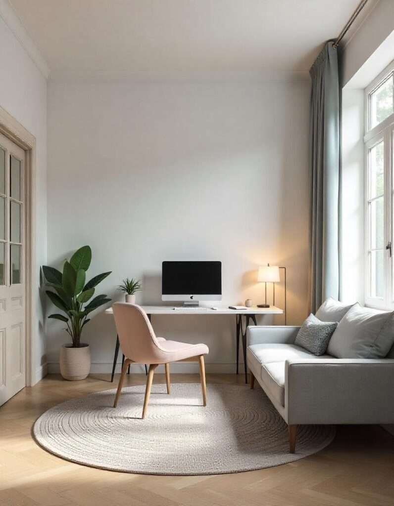a well decorated home office with grey couch and round rug