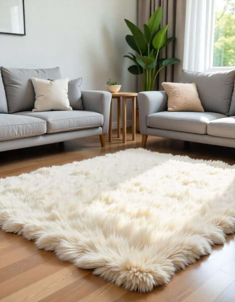 Grey couch with off-white Rug in the lving room