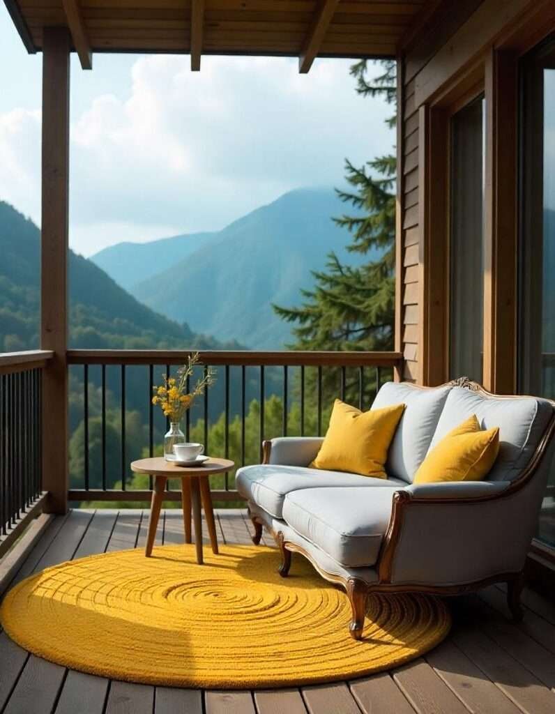 A Beautiful Mustard Yellow rug with grey couche in the Balcony