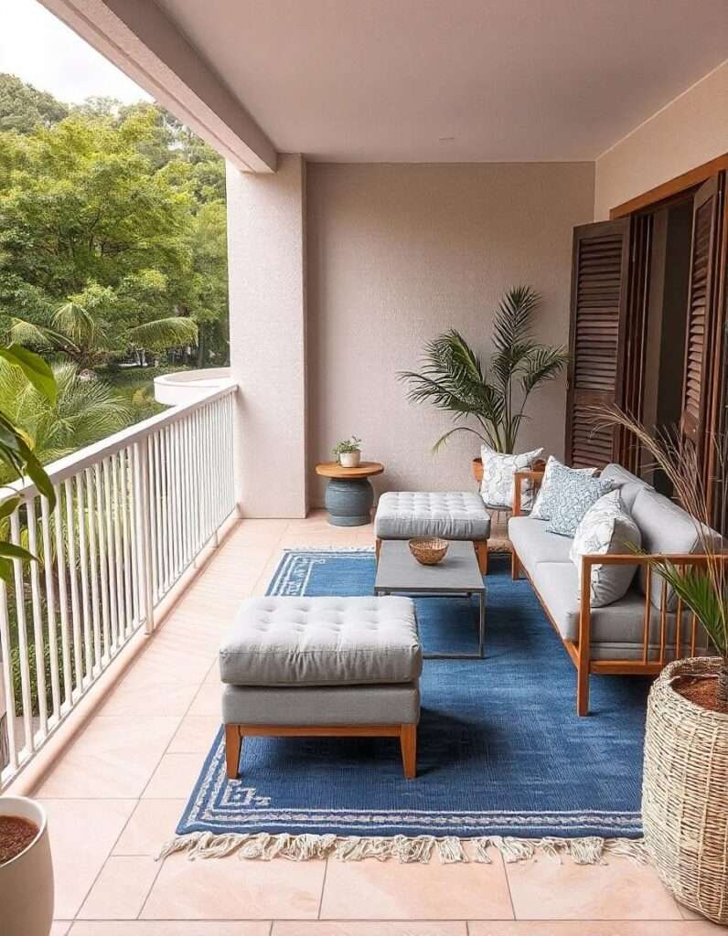 A beautiful Balcony with Grey couches, Blue rug and Plants