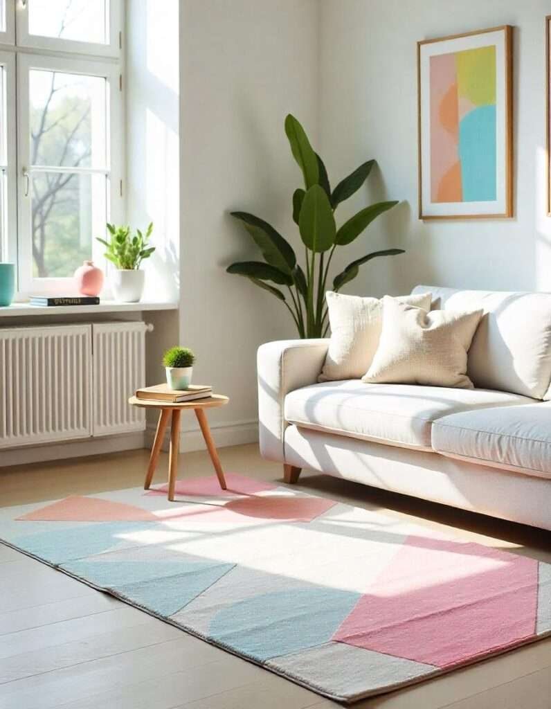 Geometric pattern rug with beautiful grey couch in the sophisticated living room