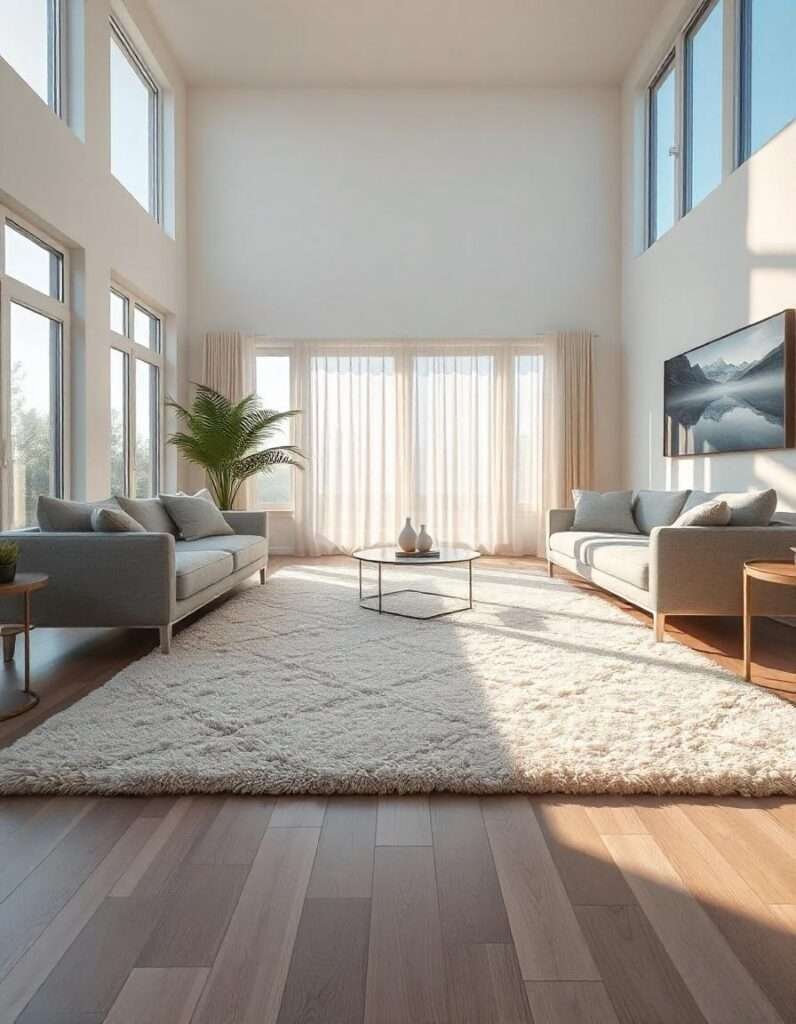 A Classic living room with grey couch and wool rug