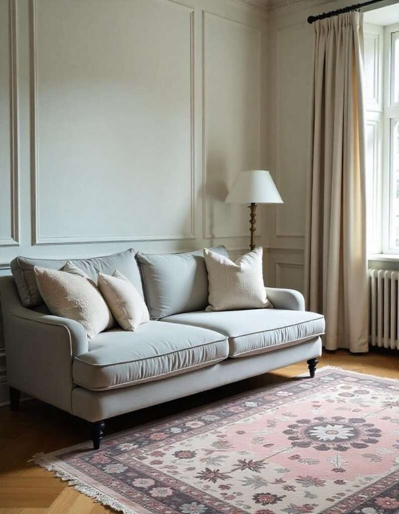 a beautiful bedroom decorated with grey couch, lamp and rug