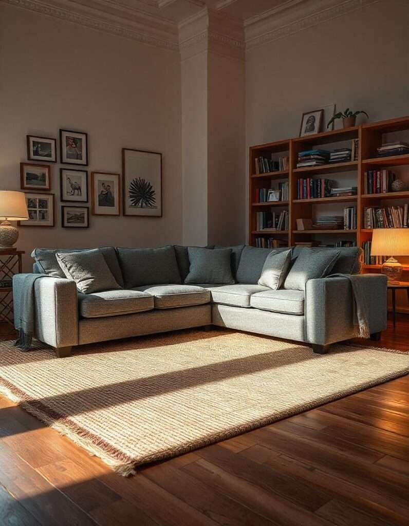 A Classy living room with Grey couch and beautiful rug