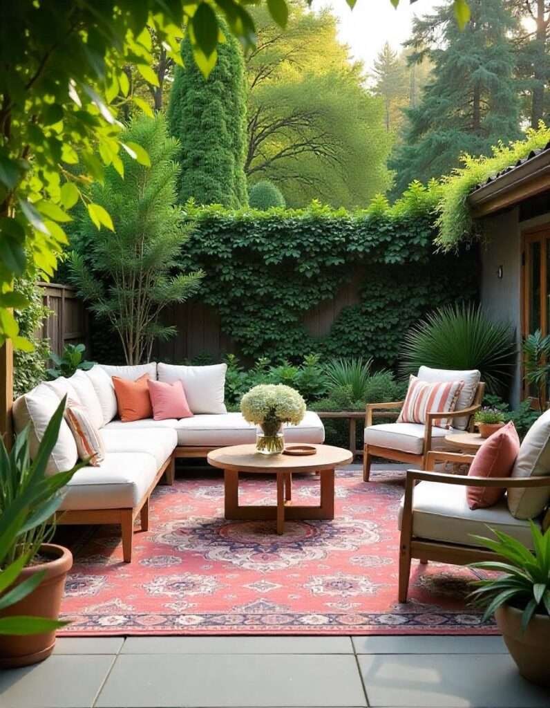 A beautiful outdoor drawing room with beautiful outdoor rug