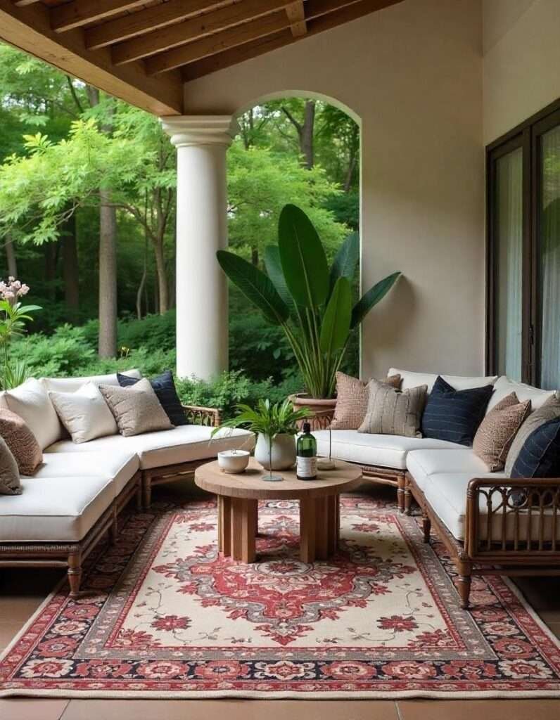Outdoor living room with beautiful oudoor rug and chairs and plants
