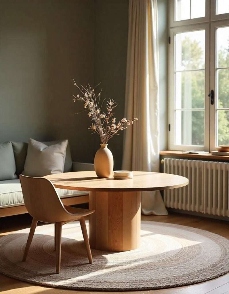 a 60-inch round table on the round rug in the beautiful living room.