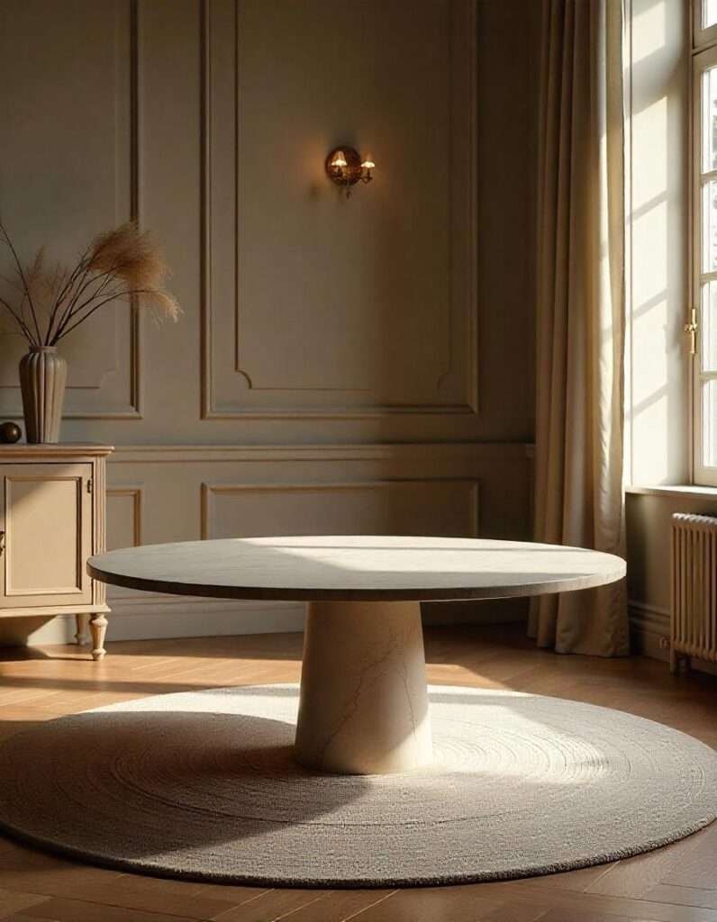 a cozy living room with 60-inch round table on the round rug.