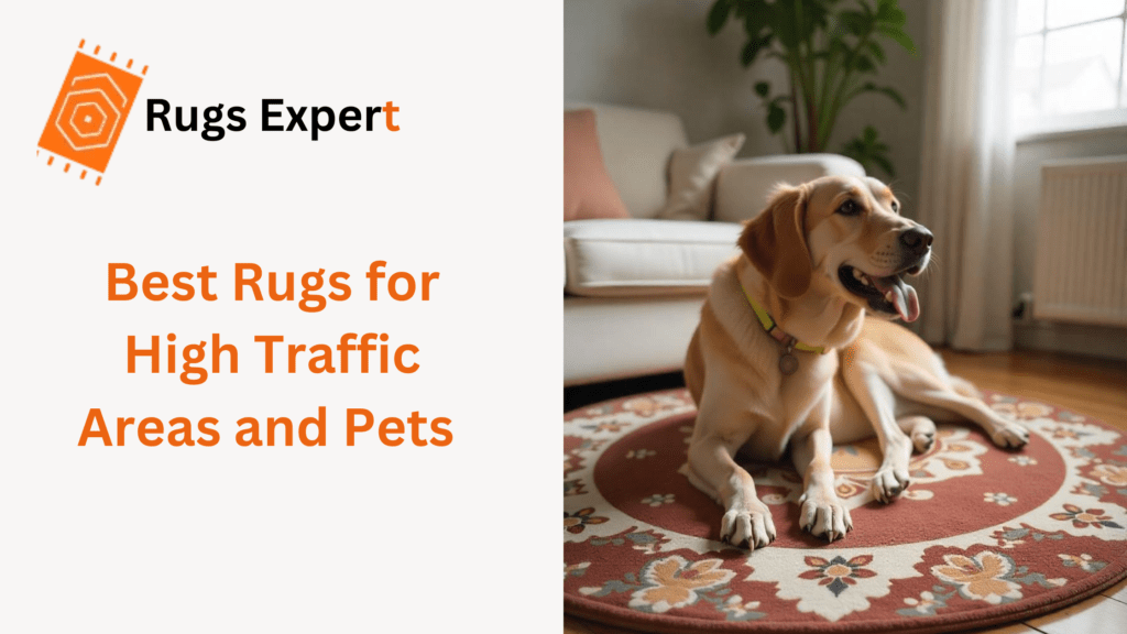 Text "Best Rugs for High Traffic Areas and Pets" and a dog on the round rug in living room