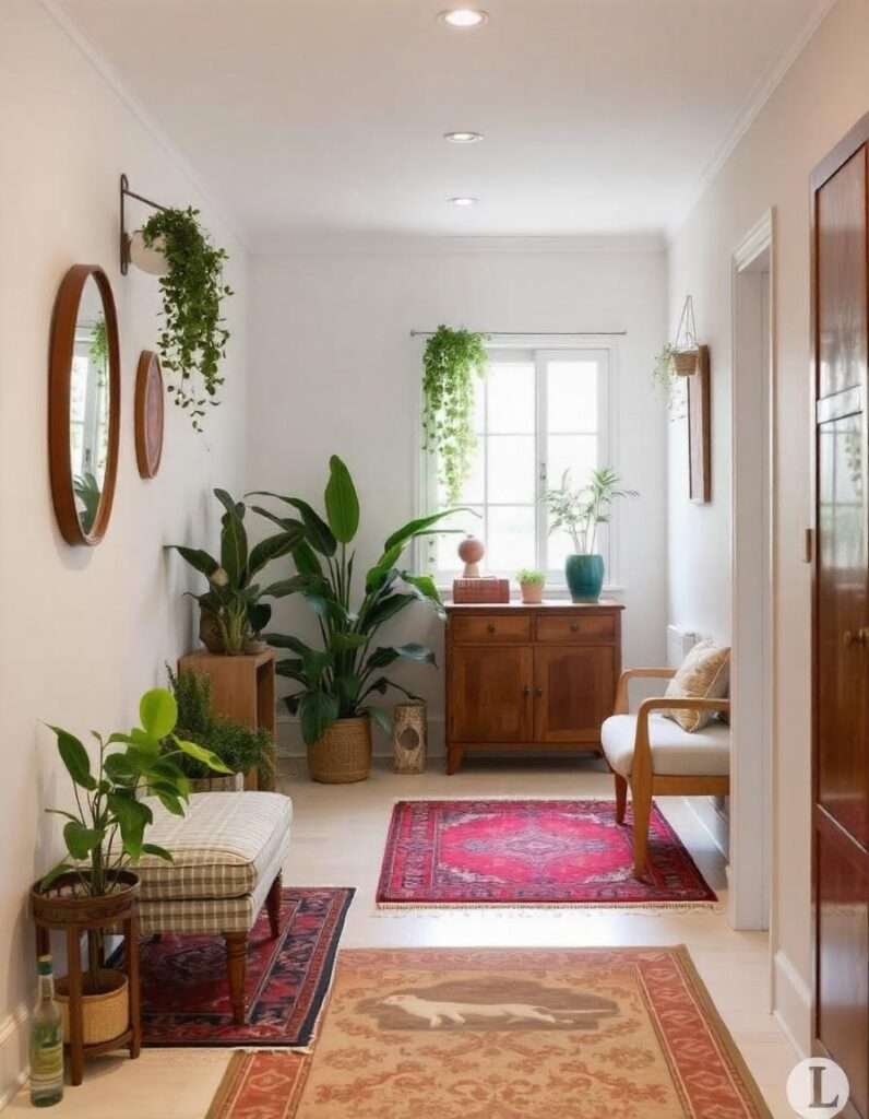 Beatifully decorated entryway with entryway rugs and plants.