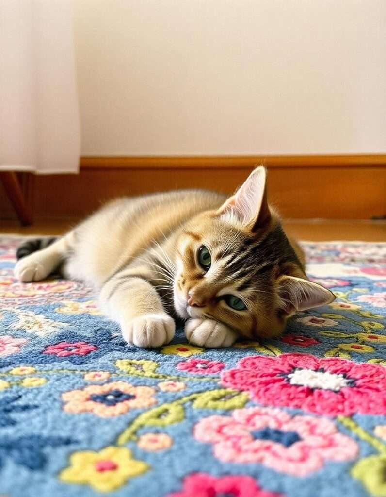 a beautiful cat on the colorful rug