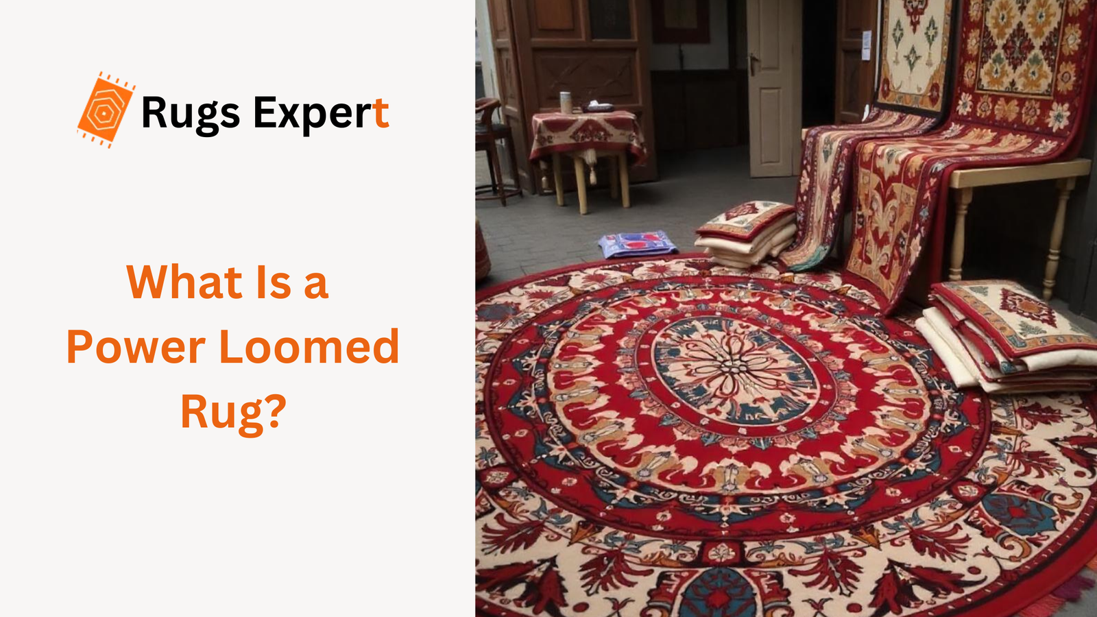 text "what is a power loomed rug" and a beautiful market of power loomed rugs