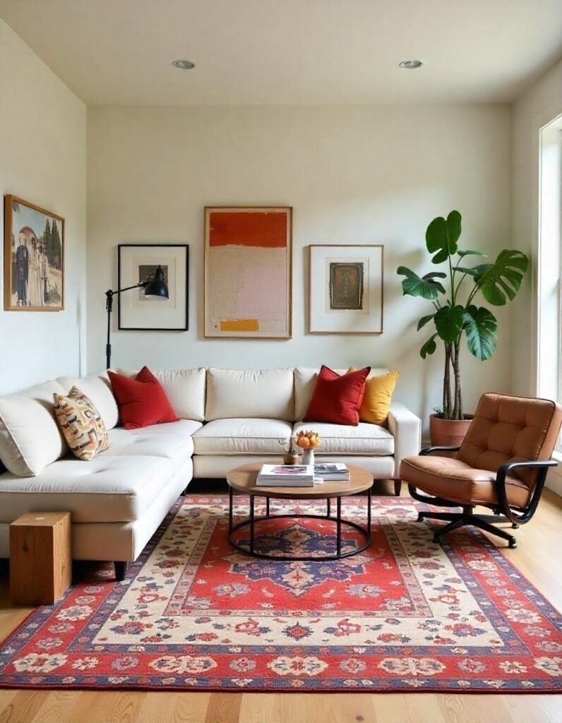 A beautiful living room with power loomed rug and other furniture over it.