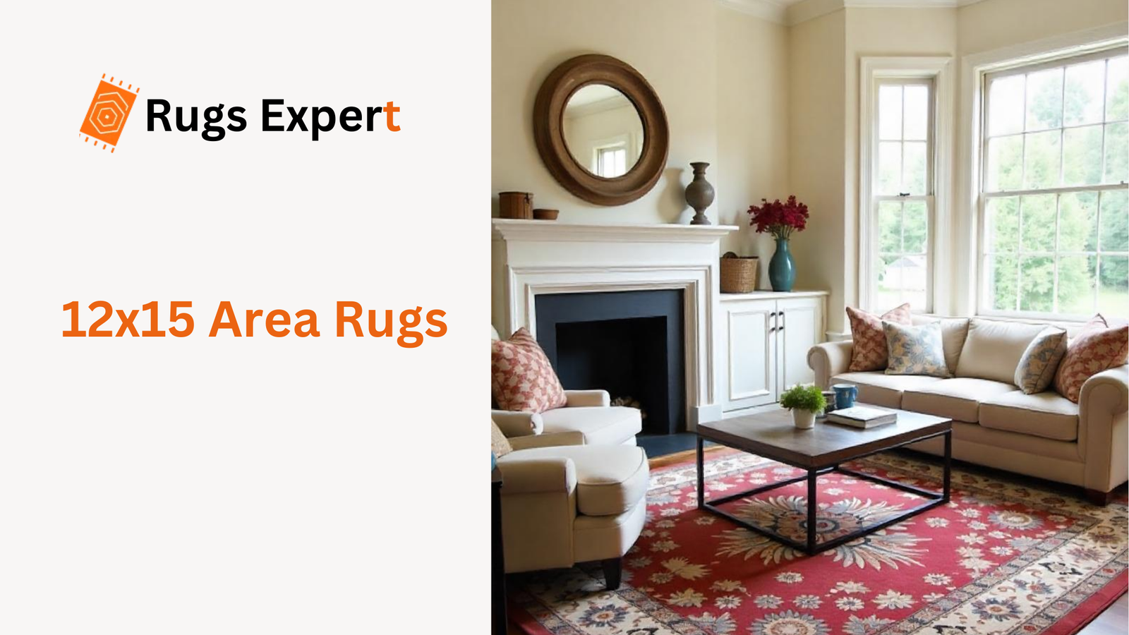 text "12x15 Area Rugs" and a lavish living room