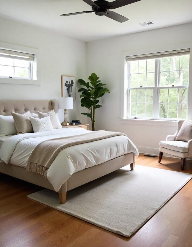 a beautiful bedroom with furniture and custom size wool rug on the floor