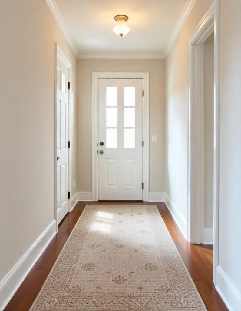 a long custom size wool rug in the long hallway
