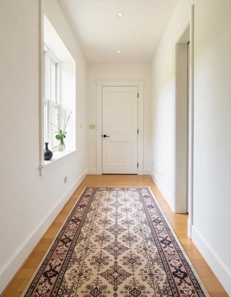 a long custom sized wool rug in the long entrance