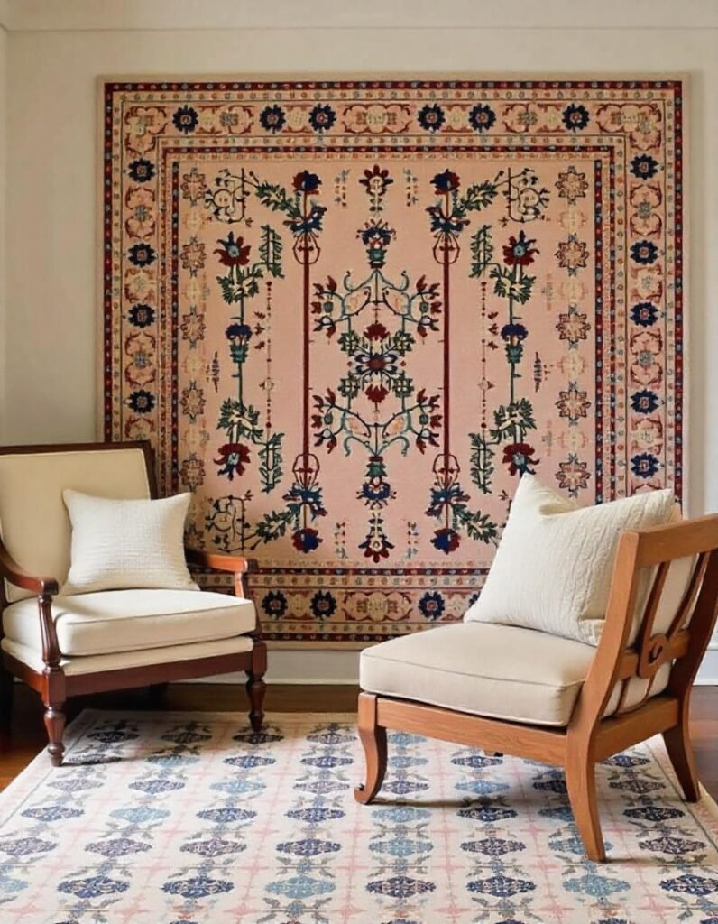 beautiful handknotted wool rug is hanging in the living room