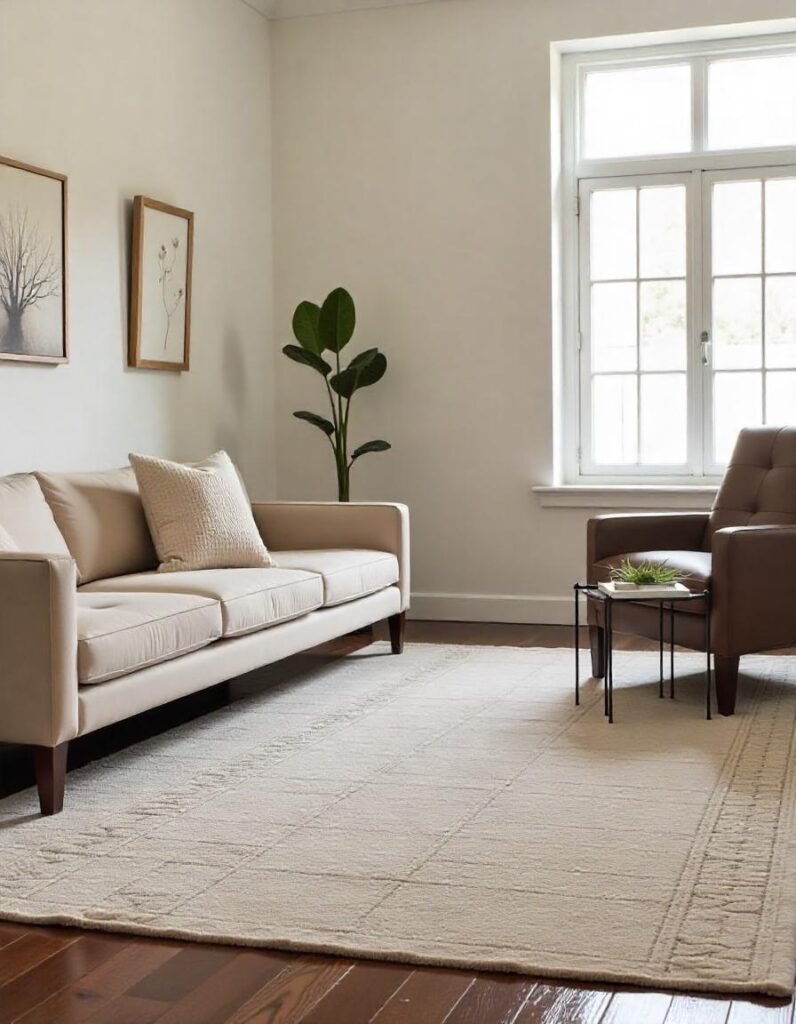 a cuustom size wool rug on the floor of a living room