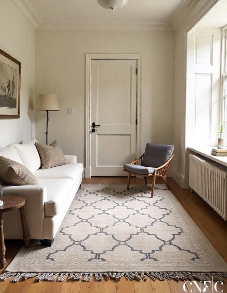 a beautiful living room with custom size wool rug on the floor