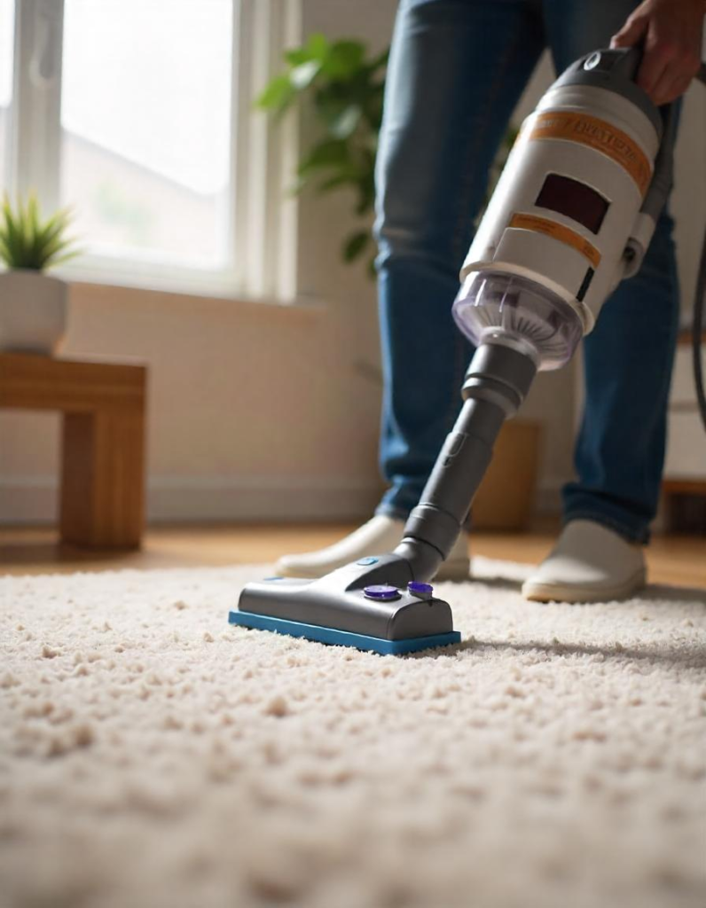 a man is cleaning rug by vacuum