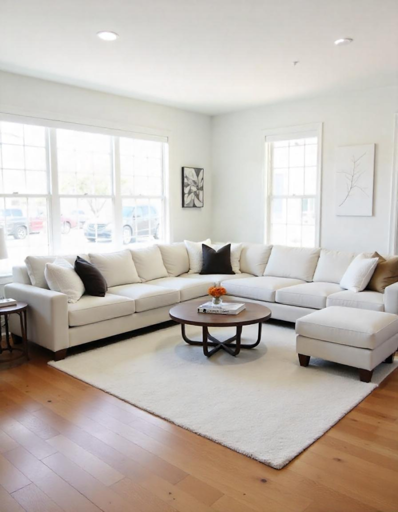 a well decorated living room with sectionals on the rug