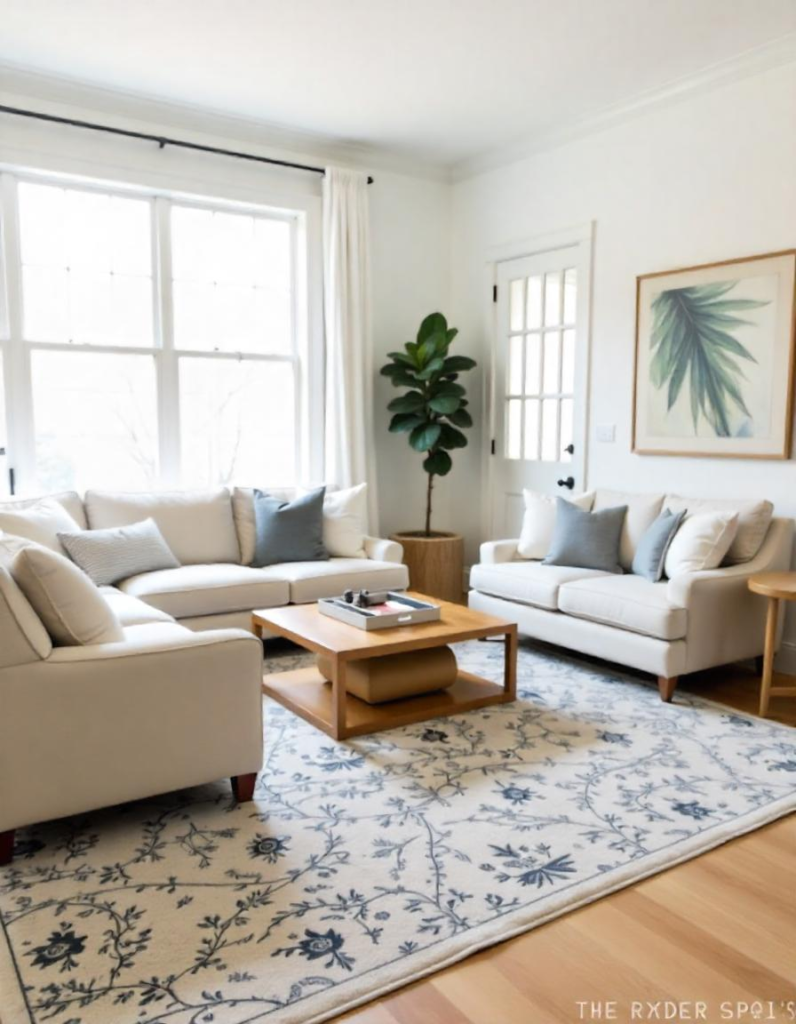 a flowery rug with sectionals in the living room