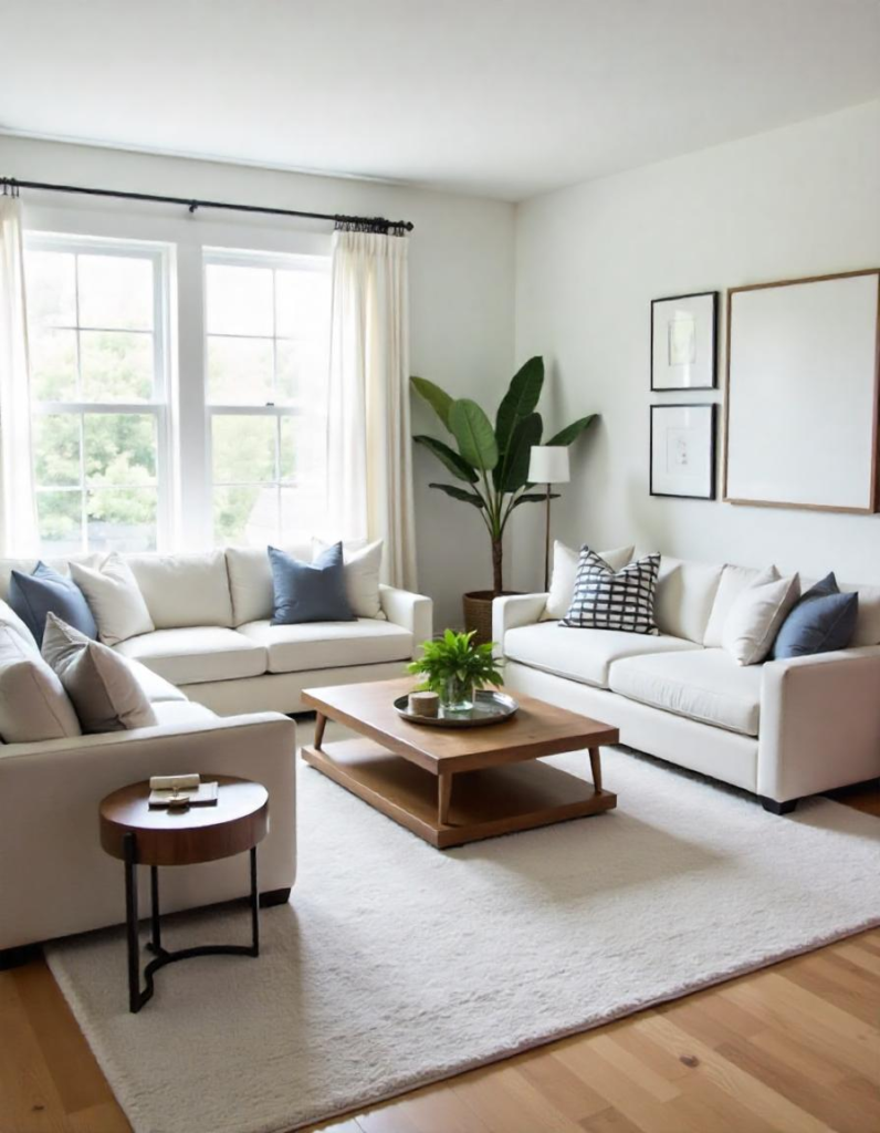 a well decorated living room with sectionals on the rug