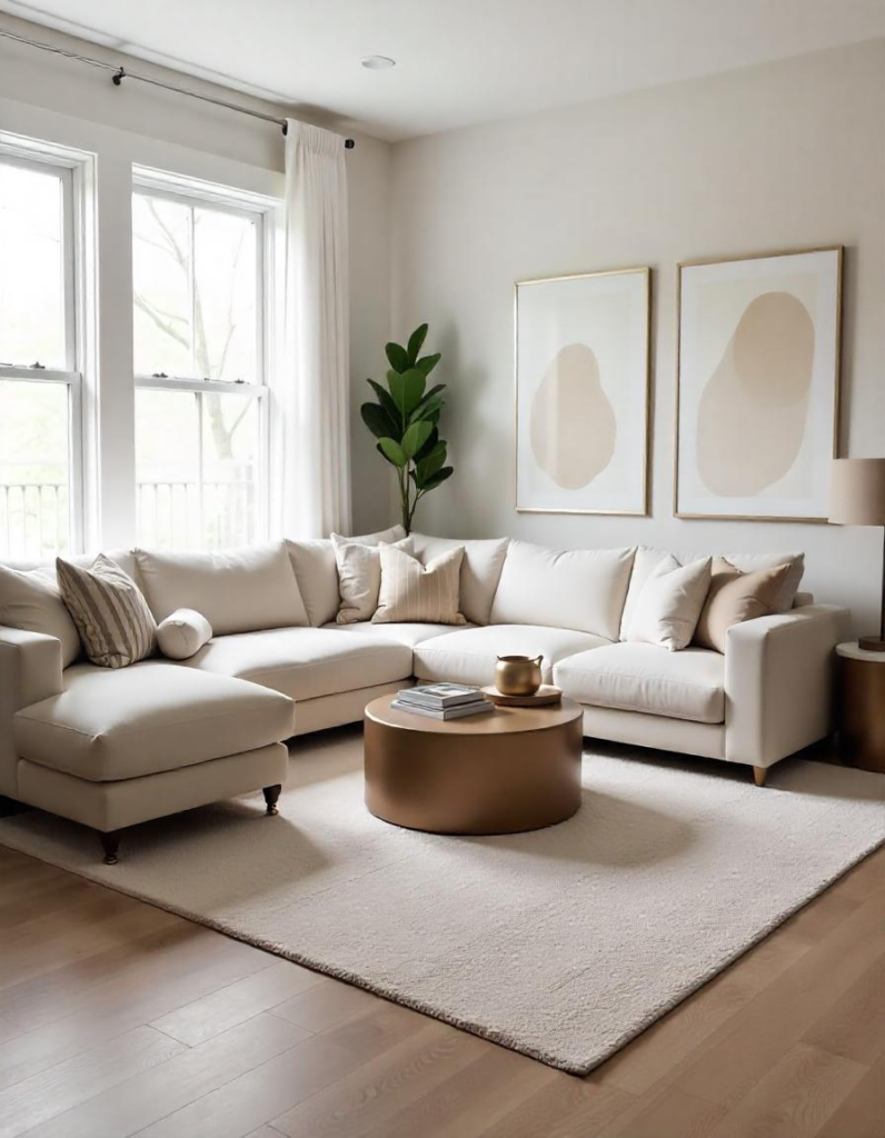 U shaped sectionals arranged on a comfortable rug in the living room. 