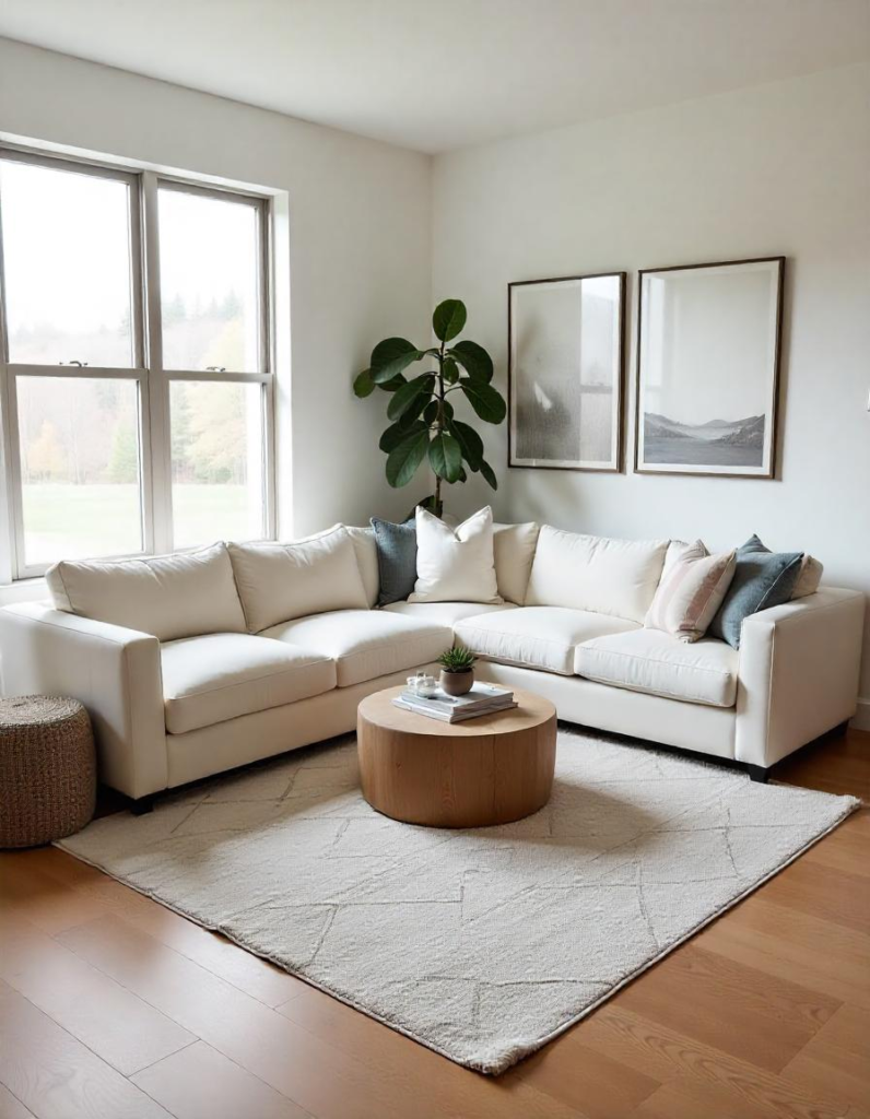 a well arranged living room with sectionals on the rug