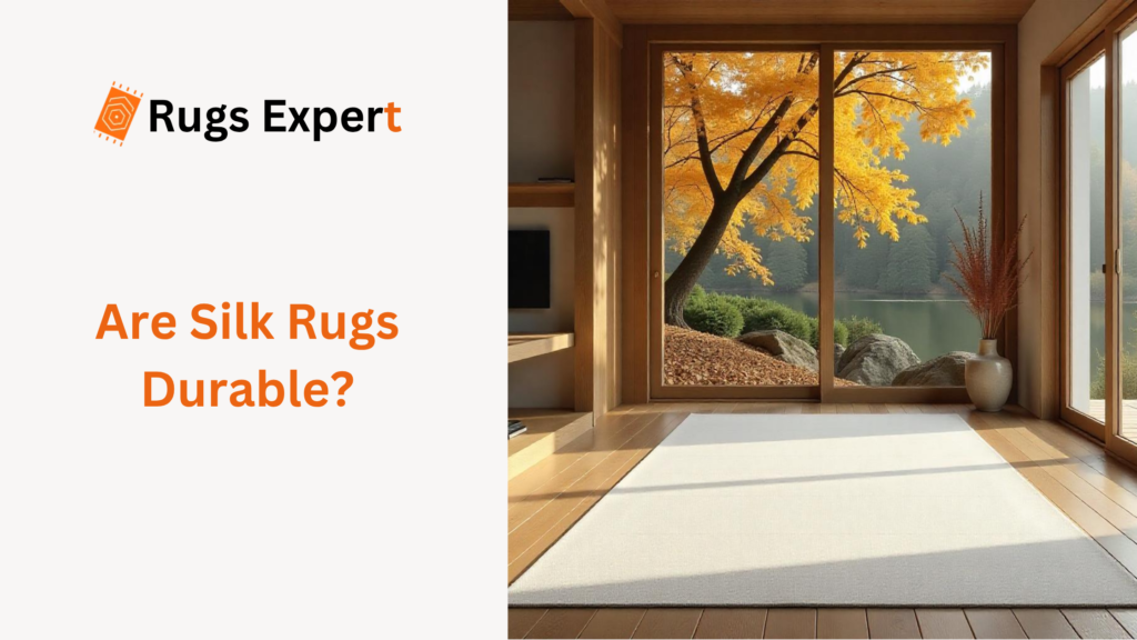 text "are silk rugs durable" and a beautiful living room with a silk rug on the floor.