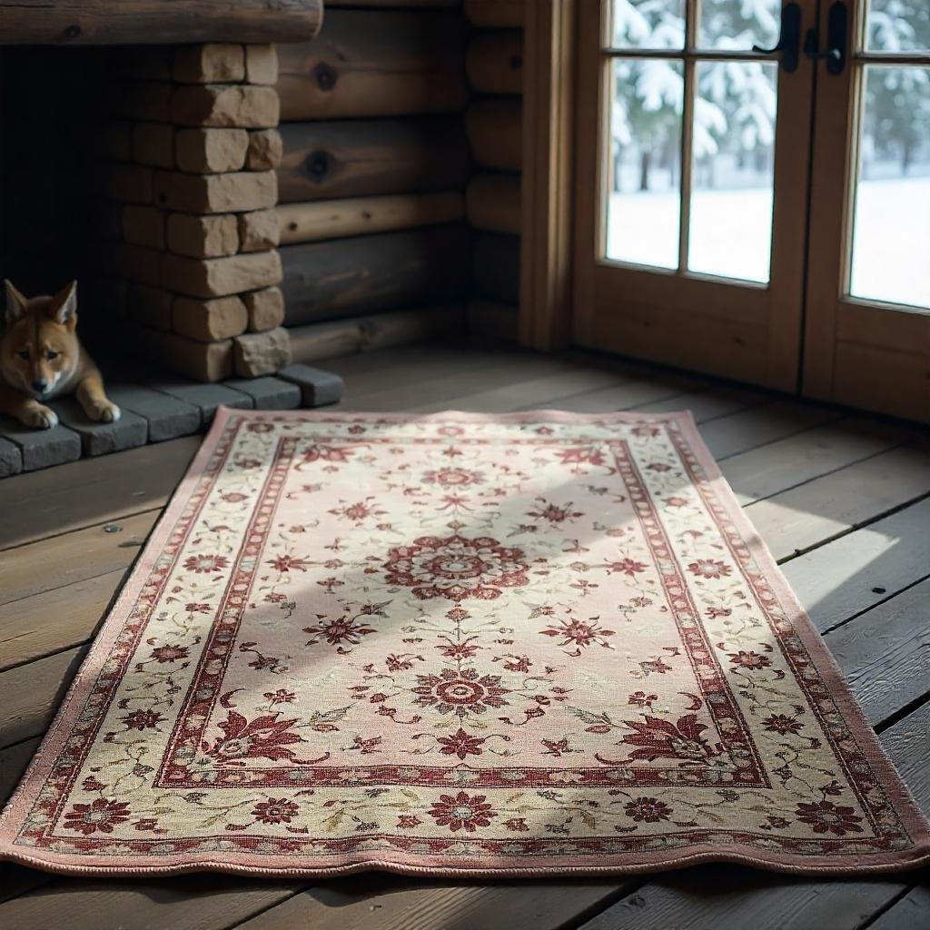 a dog sitting on the bricks in a room with silk floor covering