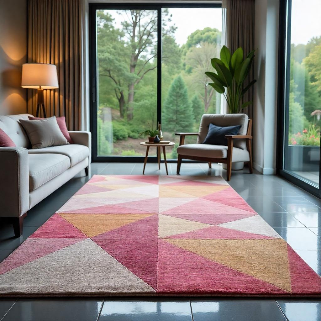 a beautiful silk rug in the beautiful living room.