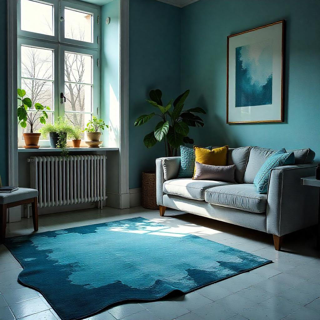a beautiful living room with plants, silk rug and furniture
