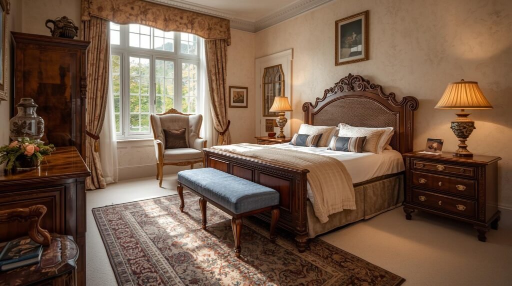 Beautiful bedroom with beautiful decors and rug on the floor