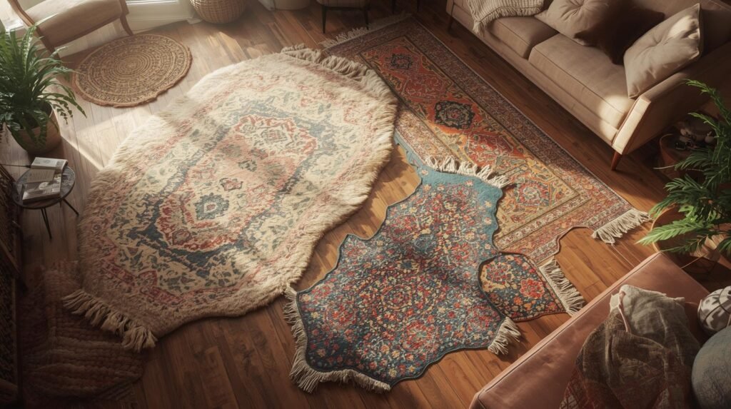 odd shaped rugs on the floor of beautiful living room