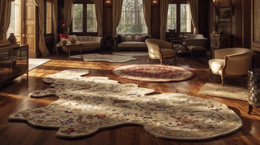 odd shaped rugs on the floor of lavish living room