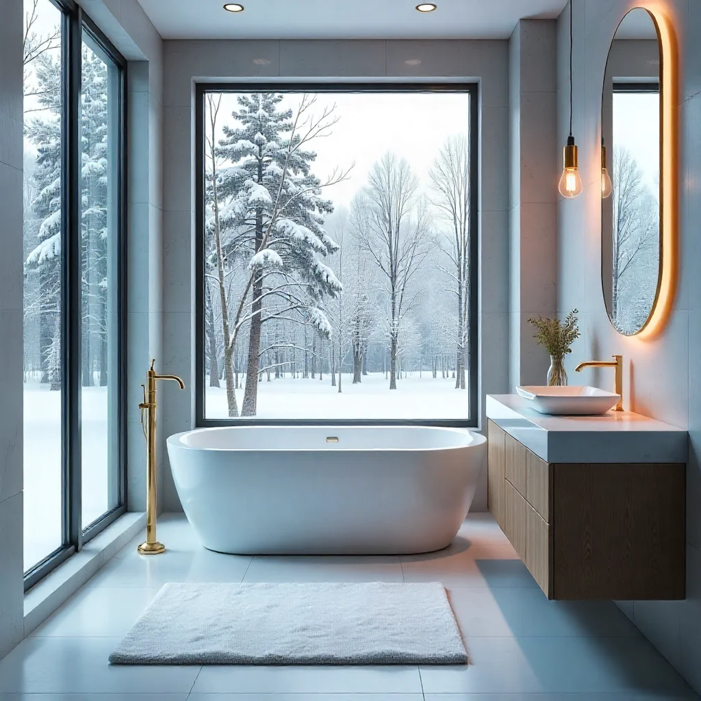 An awesome washroom with a bathtub, sink and contour rug on the floor