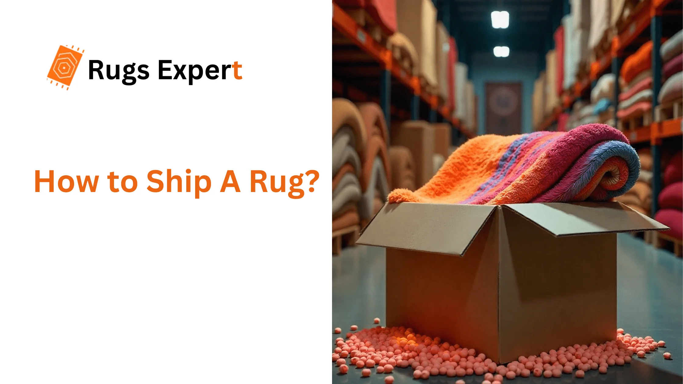 image containing text "how to ship a rug" and a colorful rug in the box